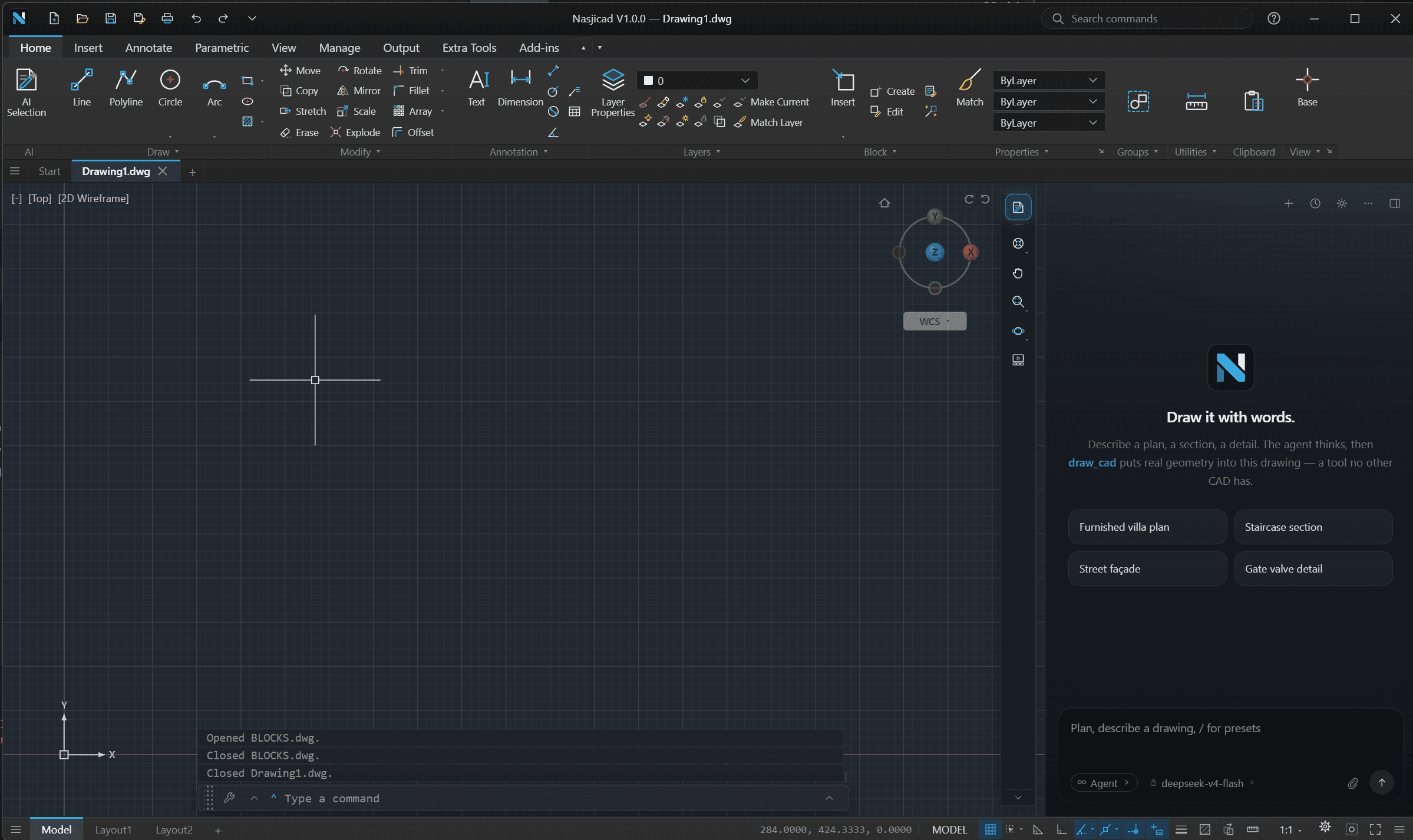 The NASJI CAD desktop application with a mechanical drawing open