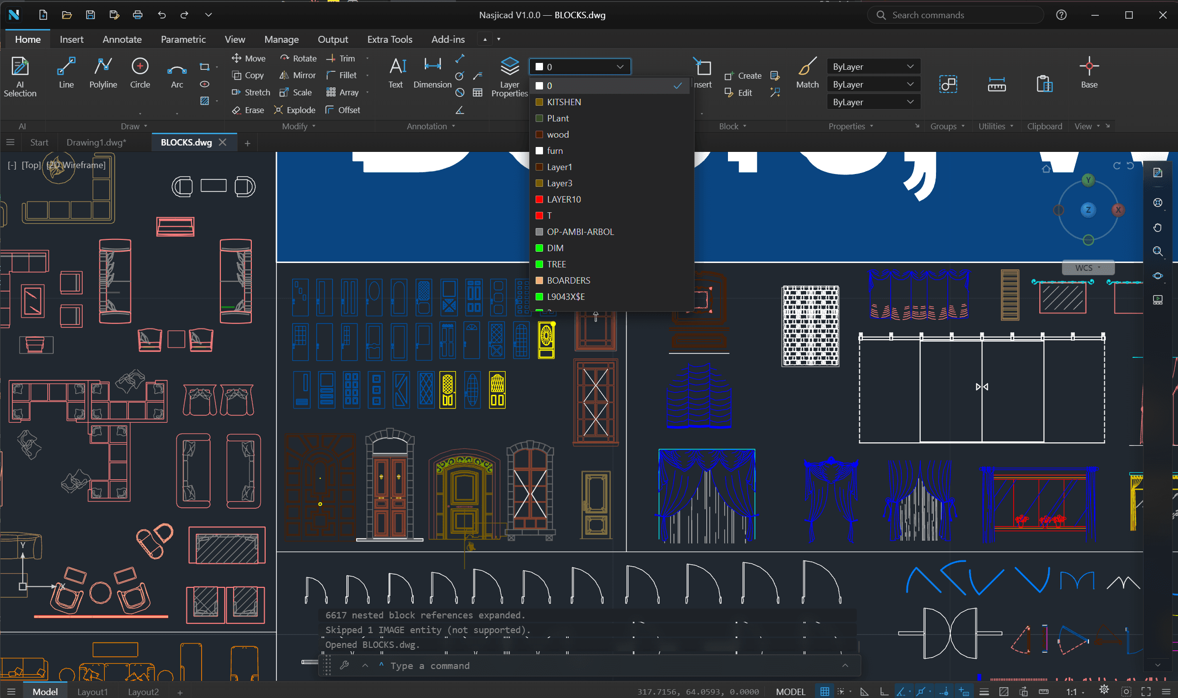 A NASJI drawing with the layer list open and a selected polyline showing its grips