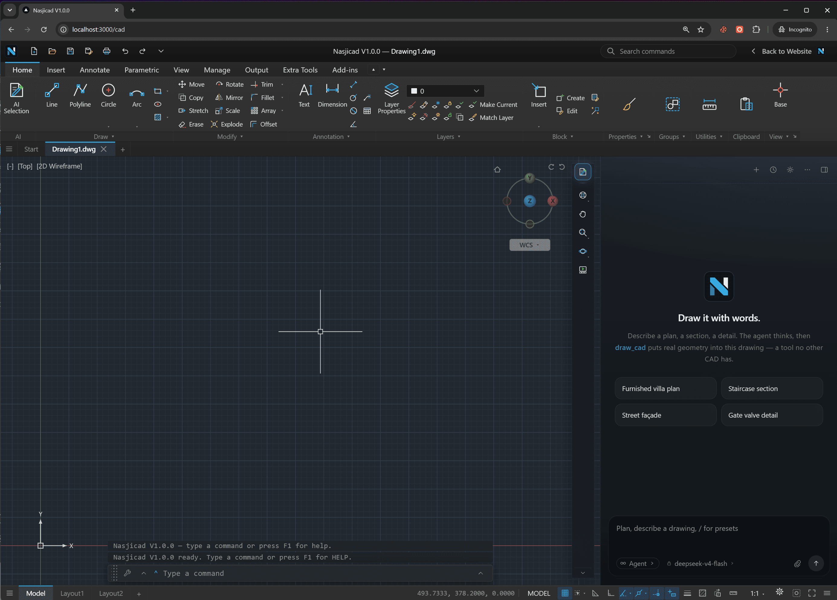 The NASJI CAD web application with a floor plan open, showing layers and the command line