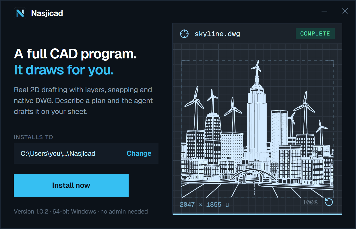 The Nasjicad installer for Windows: a dark flat window with the install path, an Install now button and a CNC drawing of a skyline